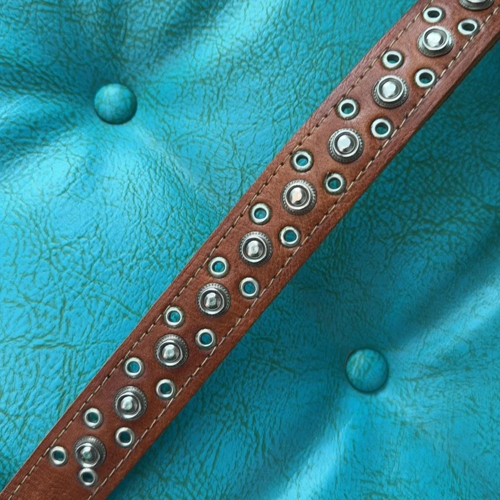 Chicos brown leather studded belt with hammered silver tone heart buckle M/L